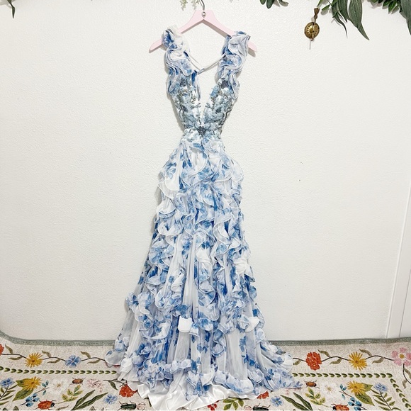 NWT Mac Duggal Floral Lace Up Tie Back Ruffle Shoulder Embellished Gown - Picture 2 of 10